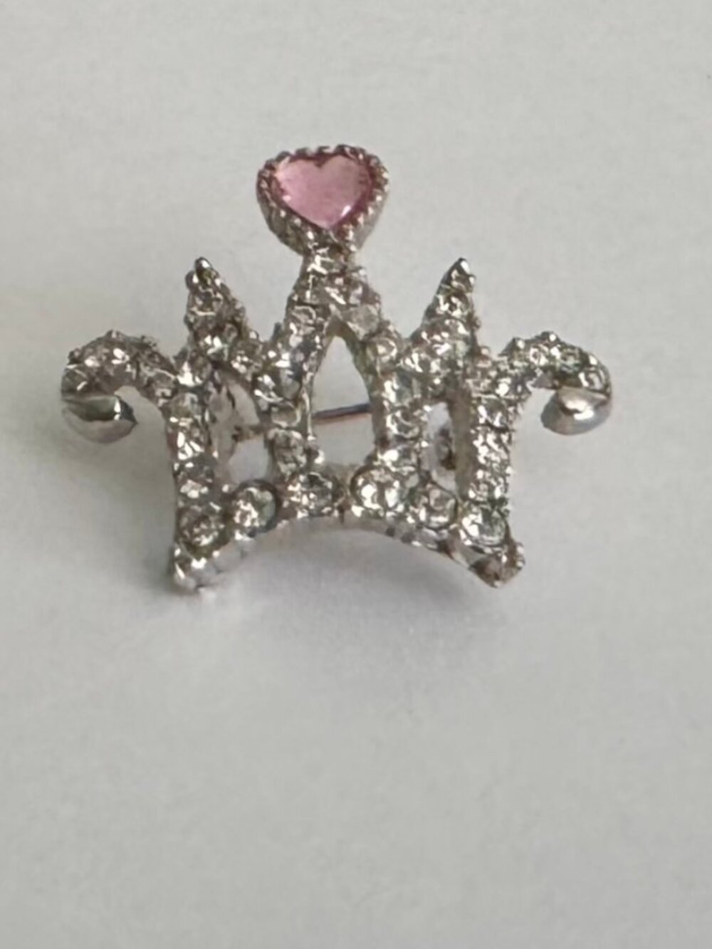 Vintage Silver Tone Rhinestone Crown Brooch Pink Heart Crystal Pin, MINT! - Picture 2 of 9